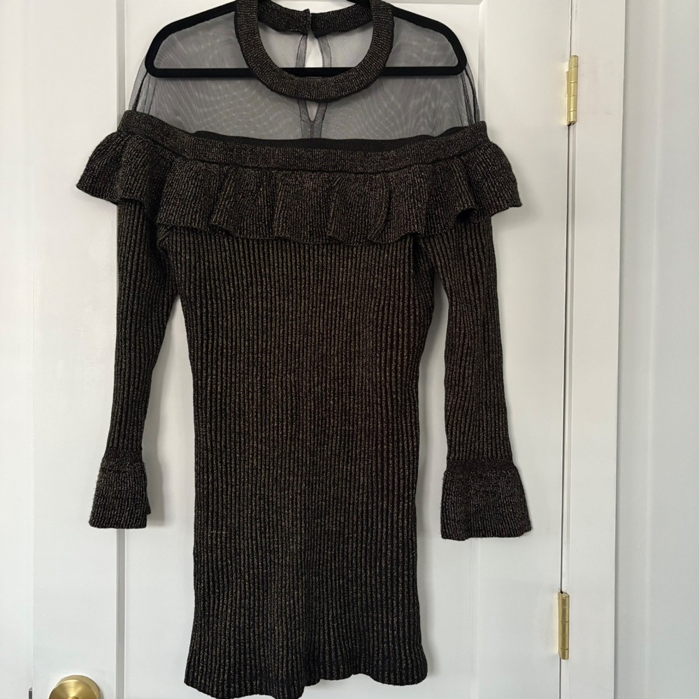 Venus Metallic Gold Ribbed Knit Ruffle Mesh Dress XL Bell Sleeve Mock Neck Party